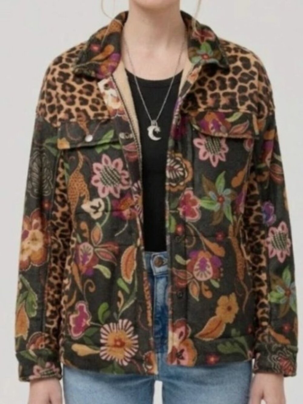 New W Tag sz L Johnny Was Amelie Sherpa Trucker Jacket Snap front Boho Print